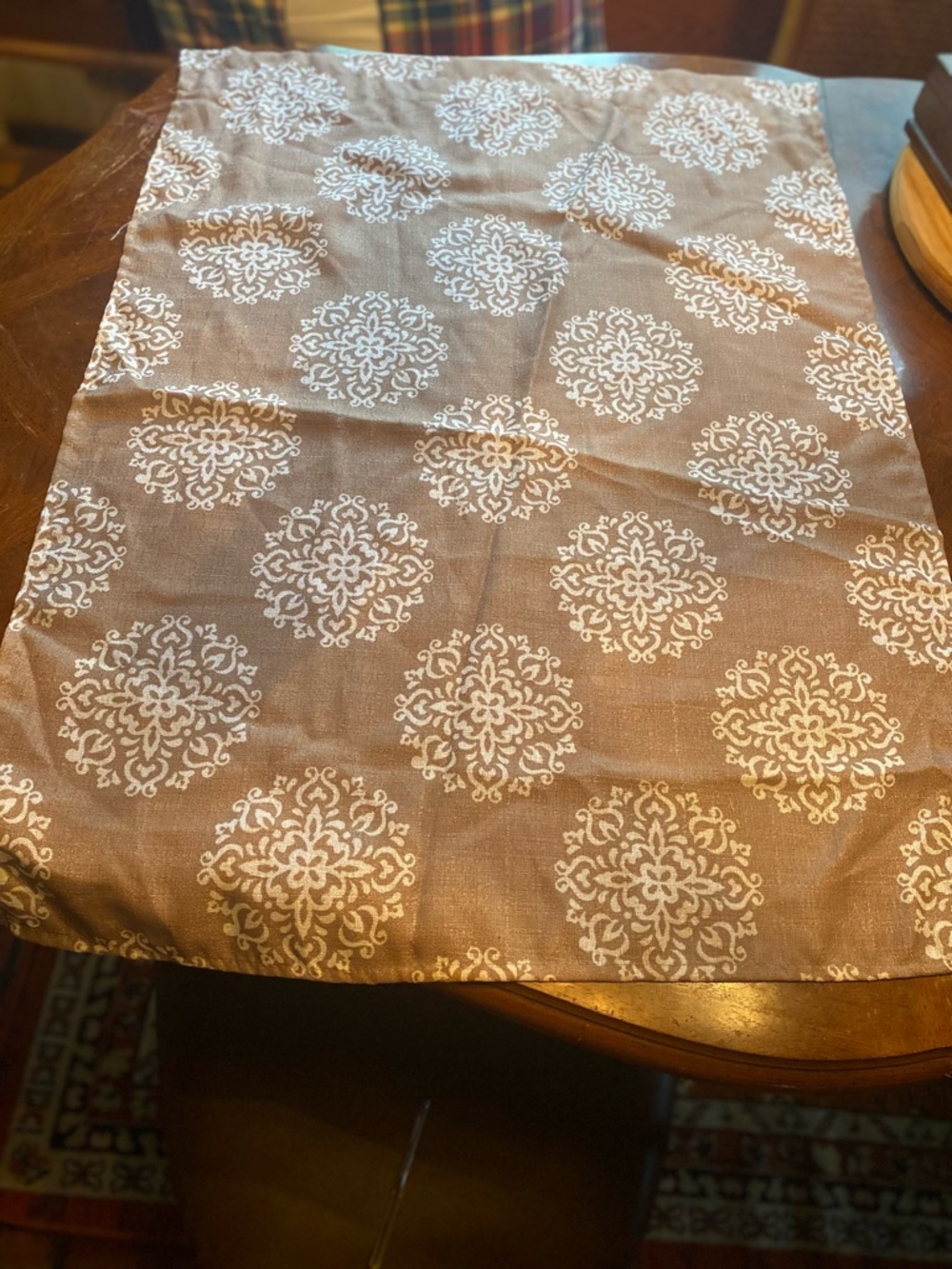 Neutral Taupe Decorative set of 4 curtain panels with White Damask Print